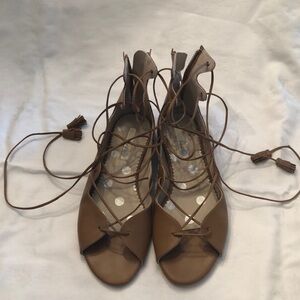 Boden Women’s Leather Open Toe Lace Up Tassel Sandal Size EU 39 Tan Brown